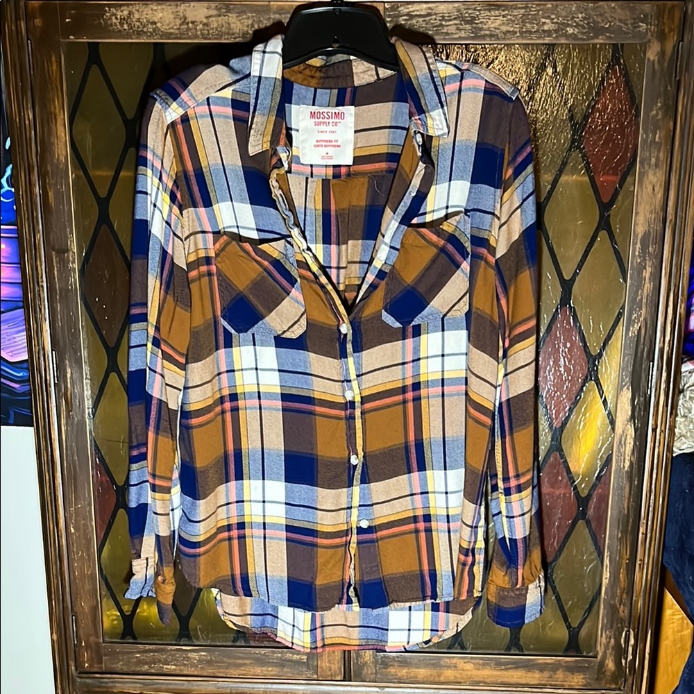 Mossimo Supply Co. Multicolor Navy blue/Orange Plaid buttondown Shirt w/ pockets